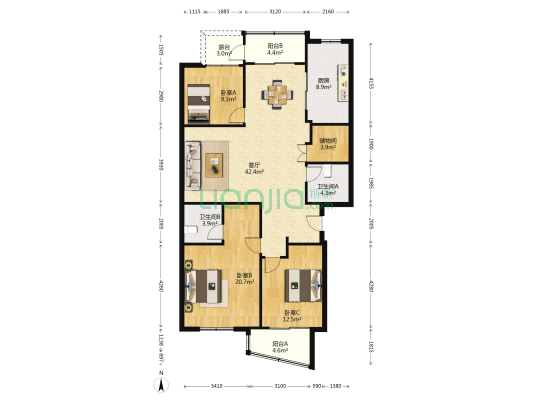 福田家园 3室1厅2卫 137平方