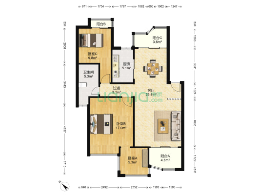 东风阳光城一、二期 3室1厅1卫 96平方