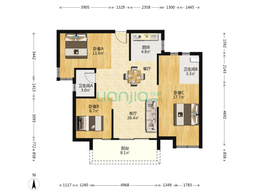 晋安府B区 3室1厅2卫 109平方