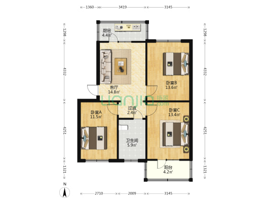 地质三局三桥宿舍 3室1厅1卫 82平方