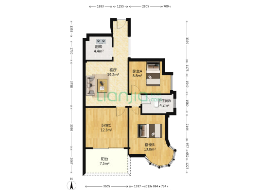 TCL康城四季 3室1厅1卫 80平方