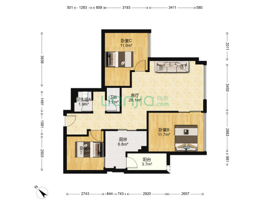西锦国际三期 3室1厅2卫 86平方