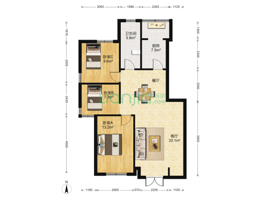 海洋花园 3室1厅1卫 98平方
