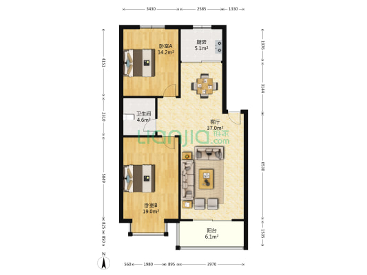 温馨家园 2室1厅1卫 100平方