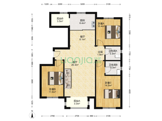 龙凤雅安 3室2厅2卫 127平方