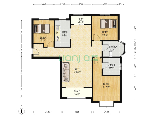 南北通透大三居双卫，采光无遮挡 人车分流-户型图