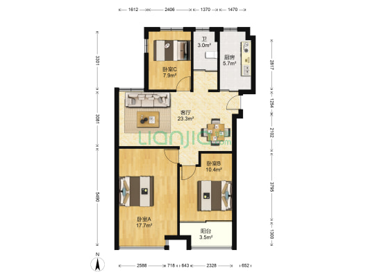 中哲时尚城 3室1厅1卫 87平方