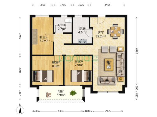 孔雀城翰邻悦府 3室1厅1卫 77平方