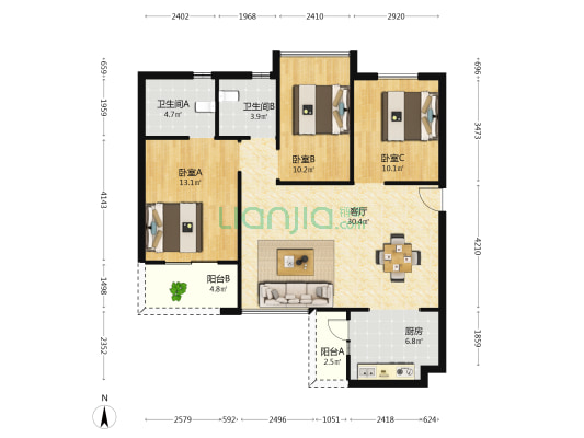滨江爱义南方大厦 3室1厅2卫 117平方