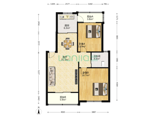 空港公寓B区 2室1厅1卫 90平方