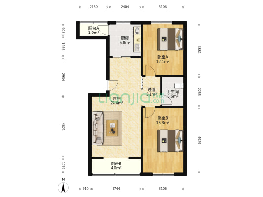 中孚嵘园 2室1厅1卫 90平方