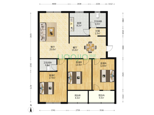 乐园二区 3室2厅2卫 128平方