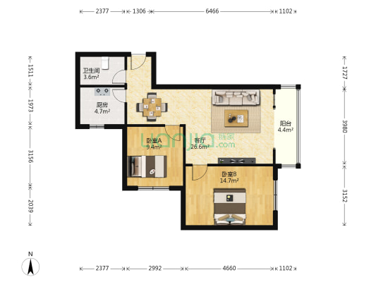 都市篮湾 2室1厅1卫 94平方