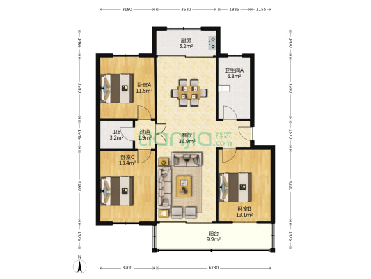 林荫花苑 3室1厅2卫 108平方