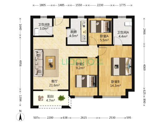 孔雀城麓院 3室1厅2卫 88平方