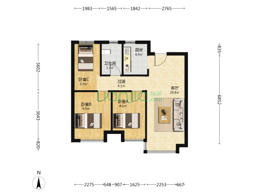 翰悦府 3室1厅1卫 80平方