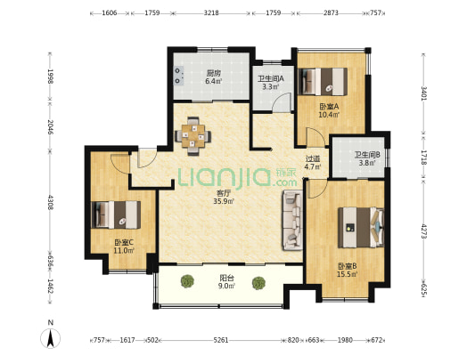 都会1907二期 3室1厅2卫 128平方