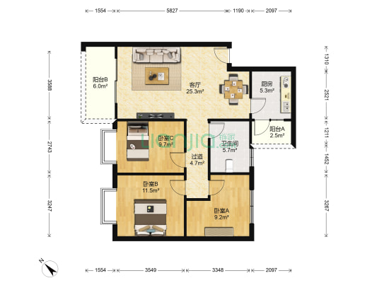 金石小区 3室1厅1卫 87平方