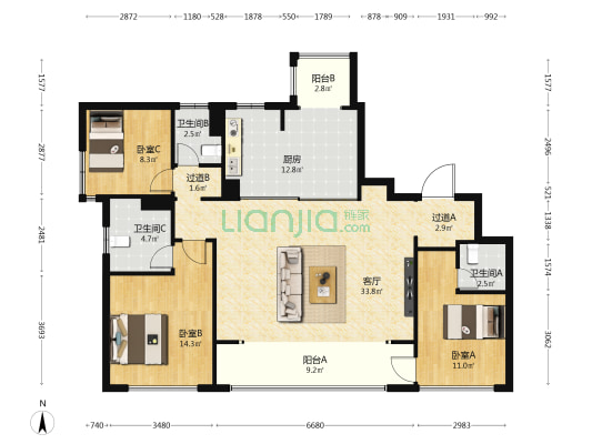 盈科品园 3室1厅3卫 154平方