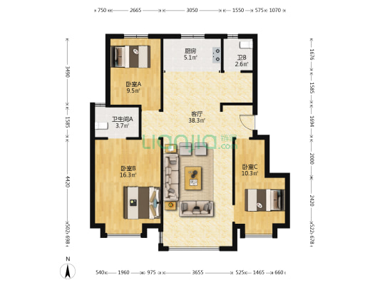 翰林苑 3室1厅2卫 109平方