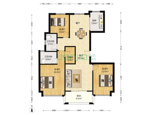 德信东宸 3室1厅2卫 115平方