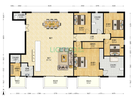 兴国鸣园 4室1厅4卫 253平方