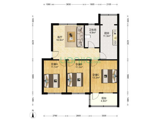 槐荫路1431号 3室1厅1卫 94平方