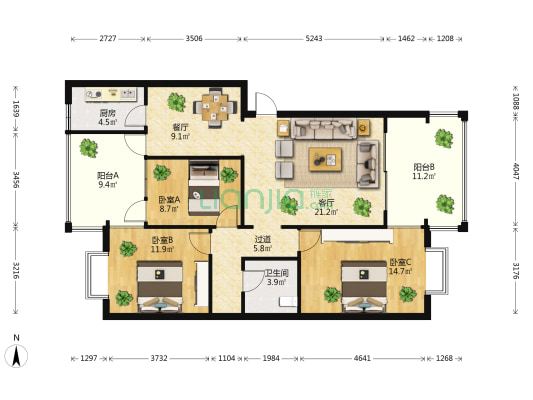 阳光果香 3室2厅1卫 109平方