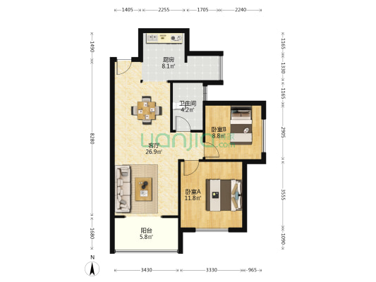 九号公馆全新精装两室  品牌家具家电  可拎包入住-户型图