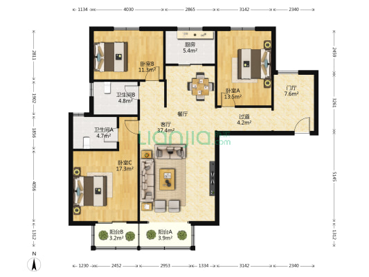 凯田花园 3室1厅2卫 147平方