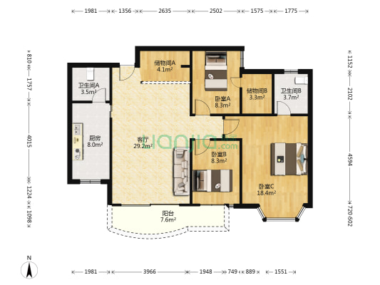 北岸世家 3室1厅2卫 119平方