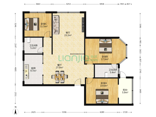 三江名人花园 3室2厅2卫 148平方
