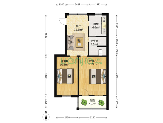 菜花泾社区 2室1厅1卫 58平方