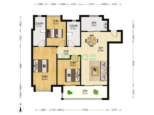 武地融创御央首府 3室1厅2卫 125平方