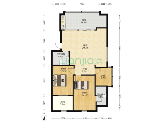 鞍福小区 3室1厅2卫 105平方