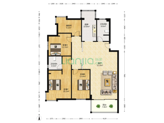 晨光绿苑南苑 3室1厅2卫 152平方