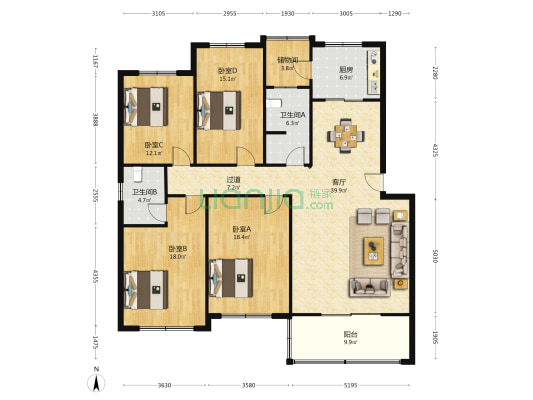 乐天小区四区 4室1厅2卫 160平方
