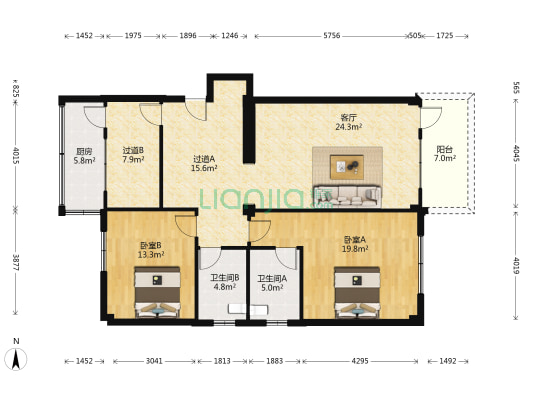 富怡路 2室1厅2卫 121平方