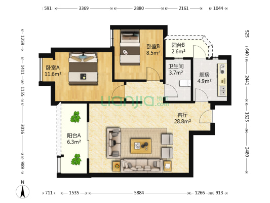 锦绣嘉陵 2室1厅1卫 76平方