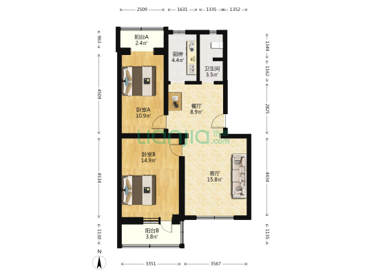 首钢一线材厂北宿舍居民区 2室2厅1卫 86平方