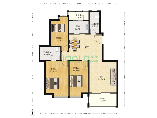 珠江花城二期 3室1厅2卫 130平方