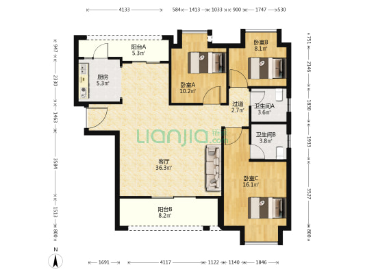 中德时光岭 3室1厅2卫 120平方