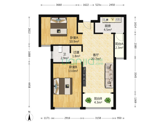 广和花园 2室1厅1卫 83平方