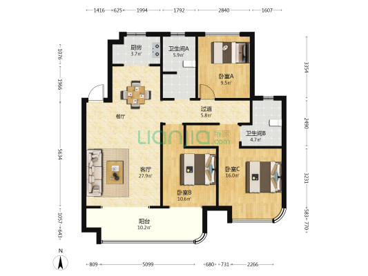 中国铁建嵊星湾 3室1厅2卫 124平方