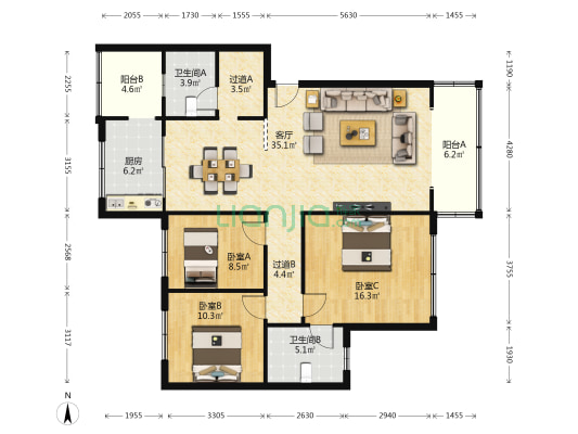 云锡花园二期西区 3室1厅2卫 120平方