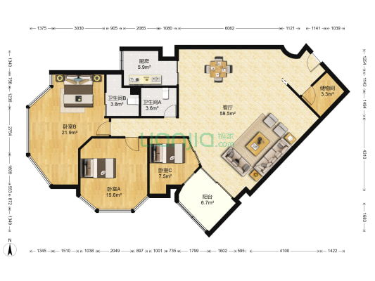 万家花园 3室1厅2卫 160平方
