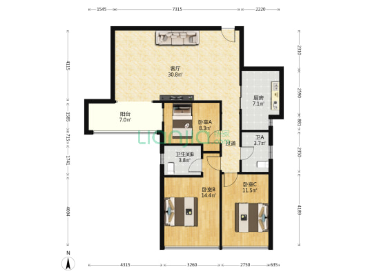 朗峰公馆 3室1厅2卫 107平方