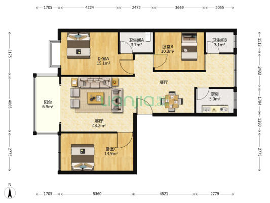 阳光新居 3室1厅2卫 129平方