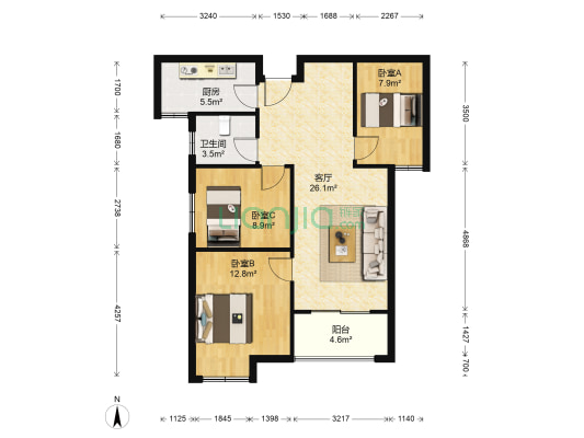 滨河安居苑 3室1厅1卫 93平方