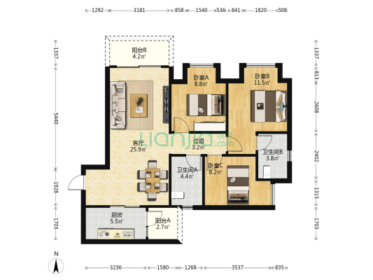 中南上悦城5号地块 3室1厅2卫 95平方